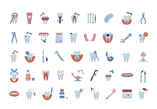 Vector con iconos de odontología de color plano