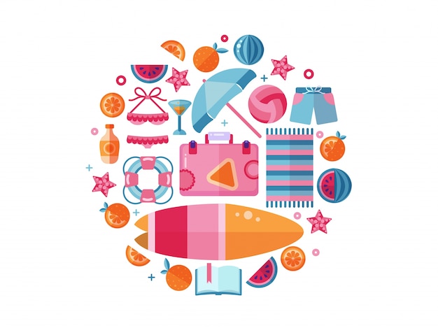 Vector de iconos planos de verano playa en forma de círculo