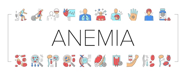 Vector de iconos de problemas de salud del paciente con anemia