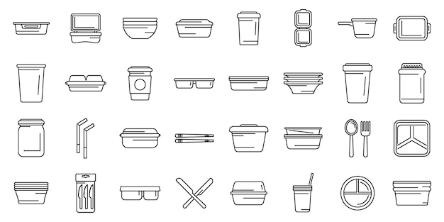 Vector de iconos de vajilla biodegradable Una colección de varios envases y utensilios de alimentos