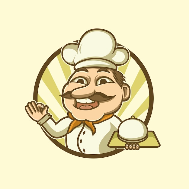 Vector illustration logo design, chef mascot sirviendo con una sonrisa. estilo vintage