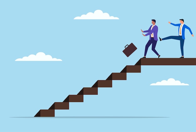 Vector illustration of a businessman shown kicking another businessman from the stairs