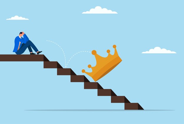 Vector illustration of a businessman sitting in despair as his crown falls down the stairs