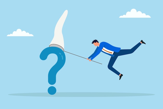 Vector illustration of a businessman using a net to catch a large question mark symbolizing problem solving seeking answers finding solutions and overcoming uncertainty