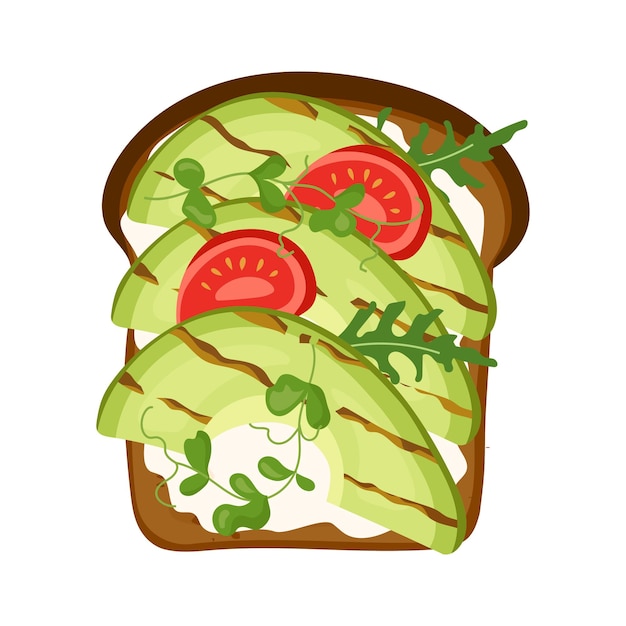 Vector illustration of healthy toast with grilled avocado slices tomatoes arugula and cream cheese