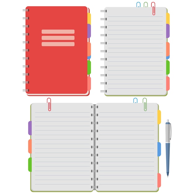 Vector illustration of a spiral notebook with colorful divider tabs lined pages paper clips and pen shown in various open and closed positions Organized layout for planning journaling