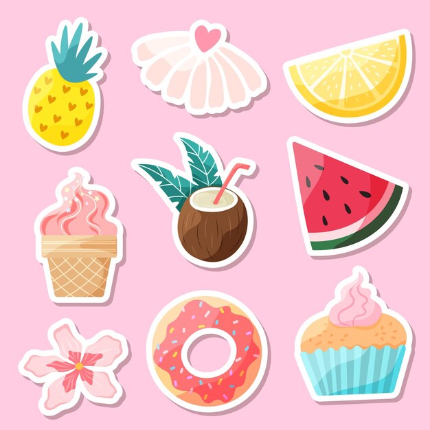 vector illustration sticker set tropical fruit pineapple watermelon coconut cupcake ice cream