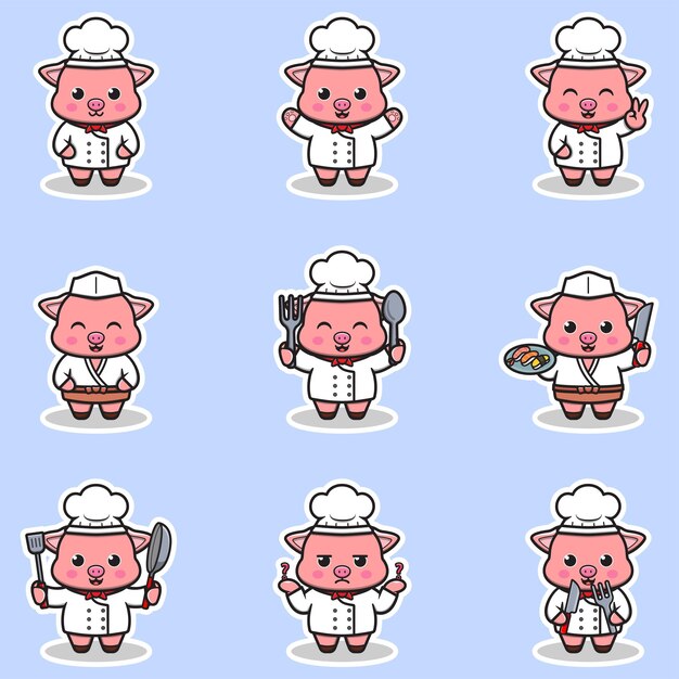 Vector Illustrations of cute Pig chef mascot cartoon character