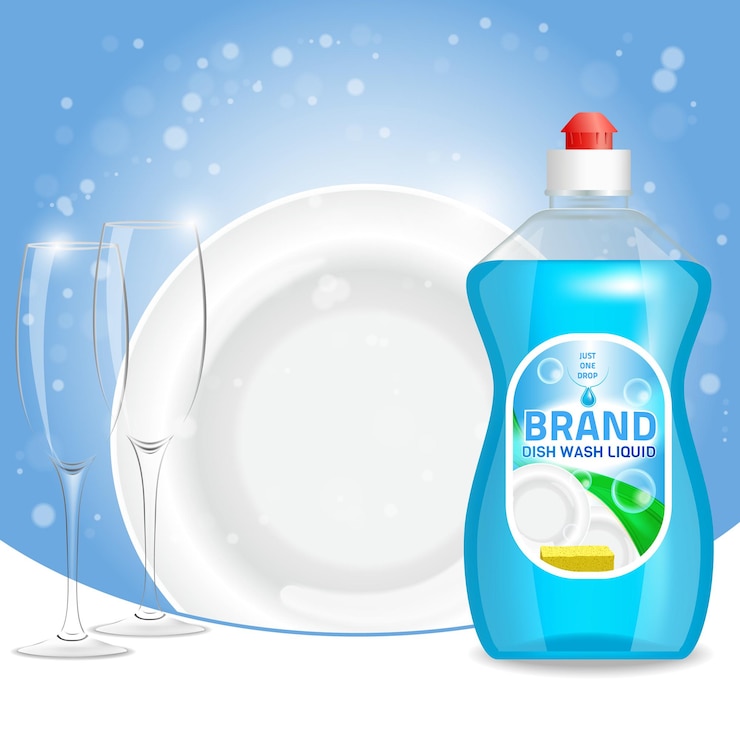 Vector ilustración 3d de anuncio de producto líquido para lavavajillas de color verde. Diseño de etiquetas de botellas de plástico. Cartel publicitario de la marca de detergente líquido o jabón para lavar platos.