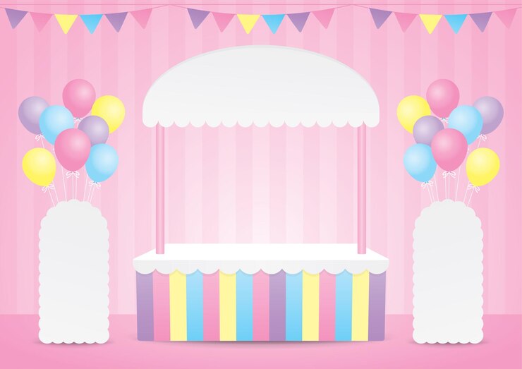 Vector vector de ilustración 3d de tienda emergente de estilo kawaii lindo con letrero de standee y globos de colores pastel