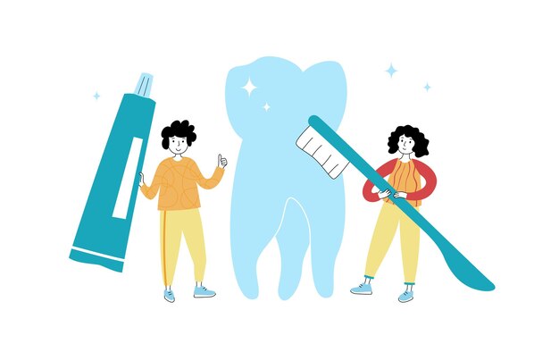 Vector ilustración aislada de diente y médico con cepillo de dientes. concepto de limpieza de dientes