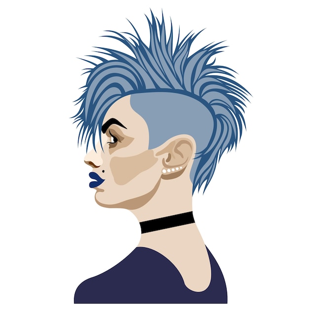 Vector vector ilustración aislada de mujer joven con mohawk azul con labios azul oscuro con gargantilla