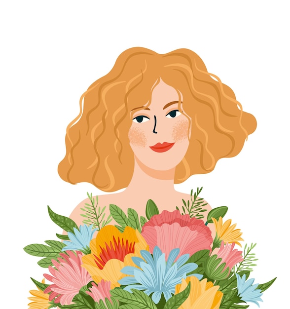 Vector vector ilustración aislada de mujer linda con flores concepto del día internacional de la mujer para volante de cartel de tarjeta y otros