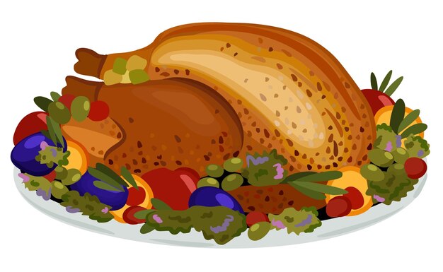 Vector vector ilustración aislada de pavo con verduras en un plato. concepto de acción de gracias.