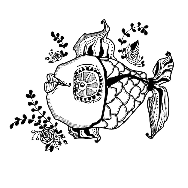 Vector ilustración aislada de peces gráficos en blanco y negro con flores en estilo de arte de línea