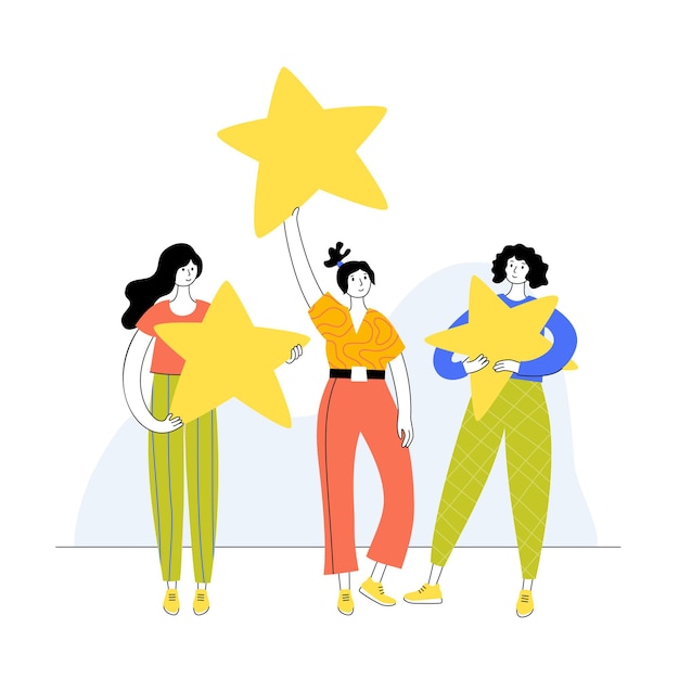 Vector ilustración aislada de personas de pie y sosteniendo la estrella. retroalimentación y revisión del cliente.
