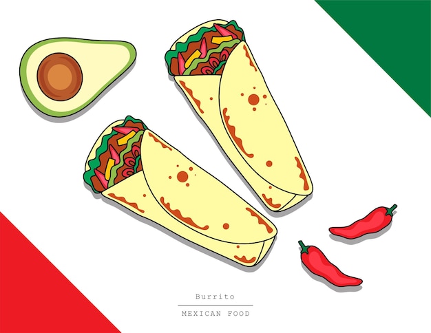 Vector de ilustración aislado vista superior de comida mexicana en estilo de garabato de línea de mesa de Burrito o tortilla