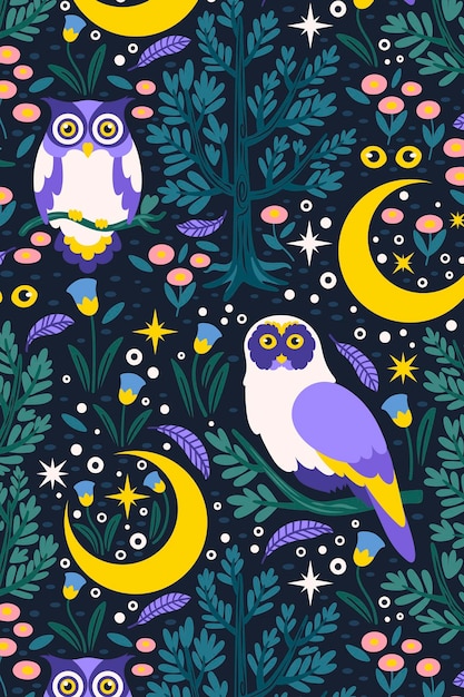 Vector de ilustración de animales de cuento de hadas de fondo con patrón sin costuras de búho