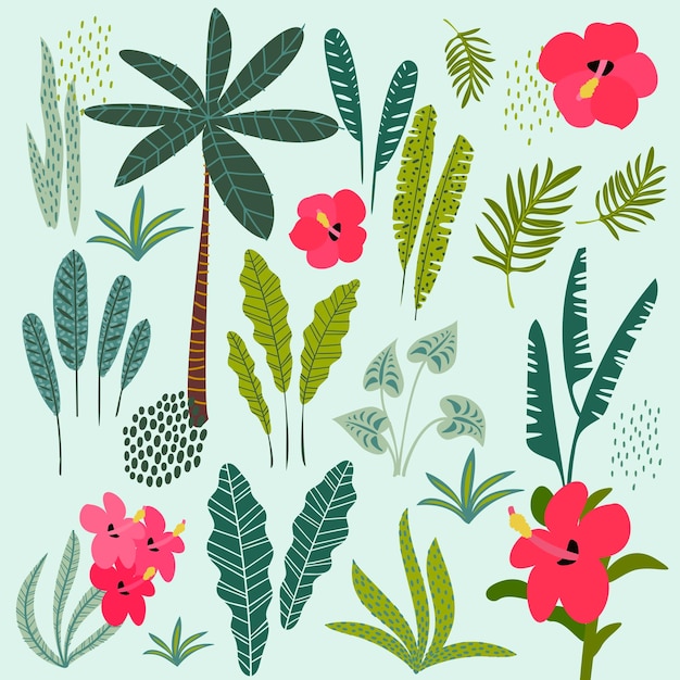 Vector de ilustración de árboles y flores tropicales