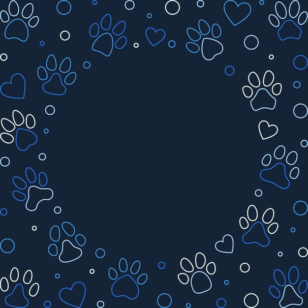 Vector vector ilustración azul o marco con símbolos de concepto de contorno de impresión de pata de gato o perro y corazón