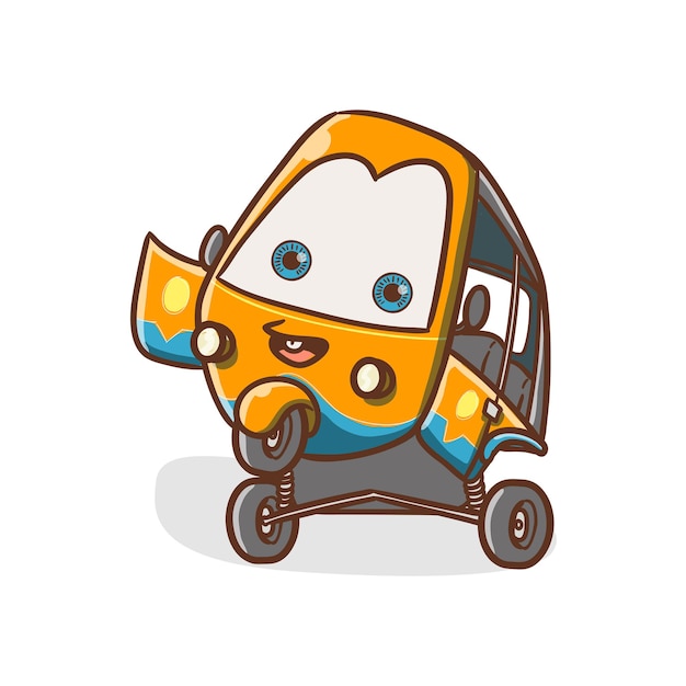 Vector ilustración bajaj yakarta unidad de transporte saludar y soporte dibujado a mano kawaii y divertido personaje mascota estilo de coloración de dibujos animados