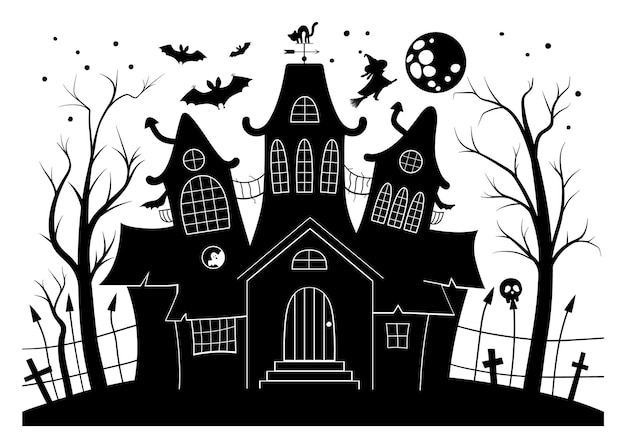 Vector ilustración en blanco y negro de la casa embrujada. fondo de halloween con silueta de cabaña espeluznante con luna grande, fantasmas, murciélagos, cementerio. diseño de tarjeta o invitación de fiesta de samhain aterrador.