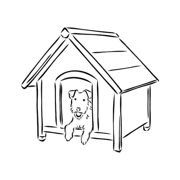 Vector de ilustración de boceto blanco negro gráfico aislado de casa de perro