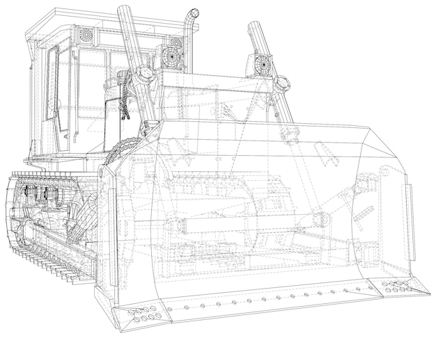 Vector de ilustración de bulldozer de construcción Línea de estructura metálica aislada Representación vectorial de 3d