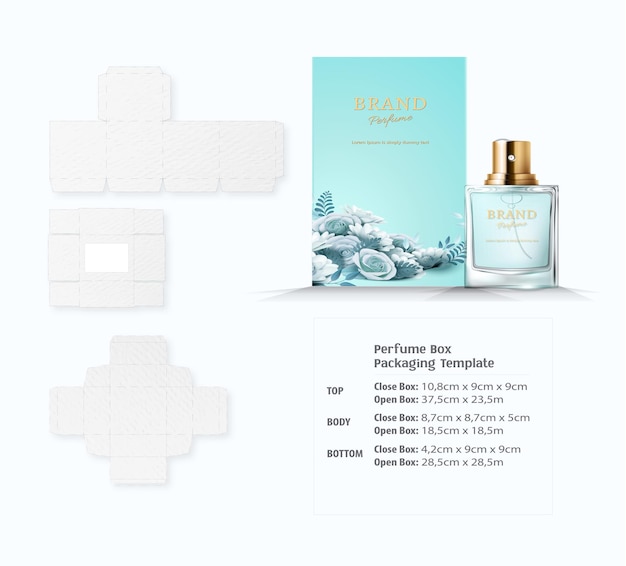 Vector de ilustración de caja de perfume con elegante diseño floral embalaje de lujo botella de fragancia