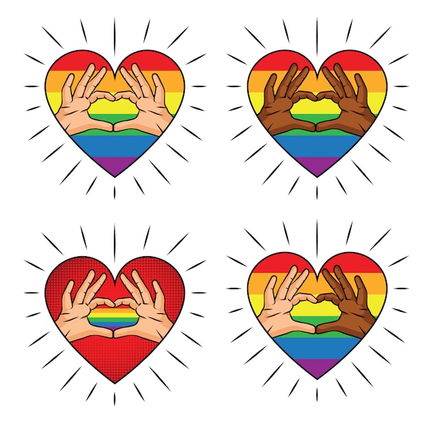 Vector ilustración en color de una mano en forma de corazón en un color del arco iris. Impresión en color Signo de amor de los dedos de diferentes colores de piel. Un conjunto de logotipos para la comunidad LGBT