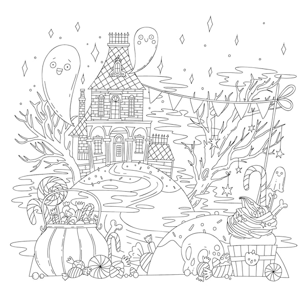 Vector ilustración para colorear con paisaje de Halloween, casa antigua, fantasmas, esqueletos, calabazas y dulces