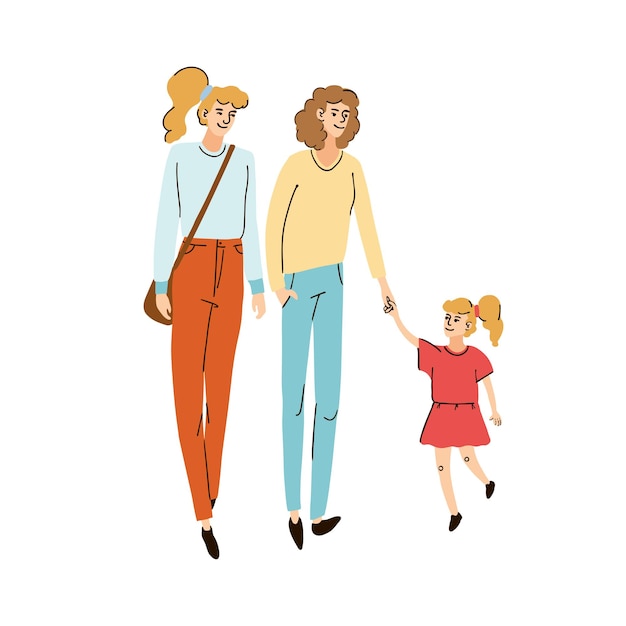 Vector ilustración colorida de dos madres jóvenes amigos caminando junto con sus hijos en la calle, aislado sobre fondo blanco.