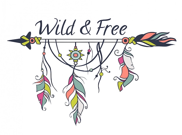 Vector ilustración colorida con flechas étnicas, plumas y elementos tribales. estilo boho y hippie. motivos indios americanos