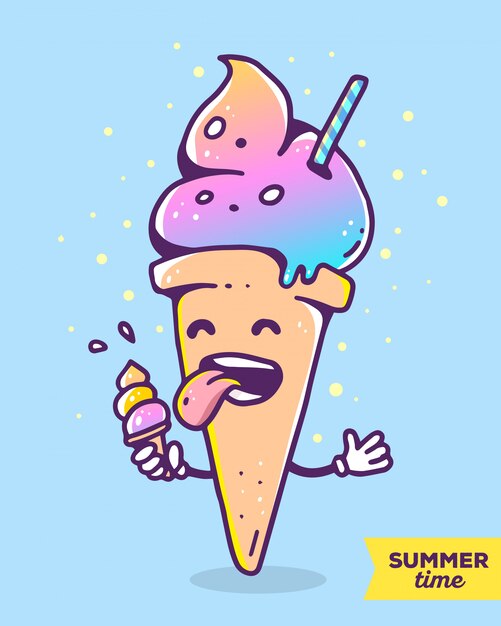 Vector vector ilustración colorida de helado de carácter degradado con las manos comiendo helado pequeño sobre fondo azul