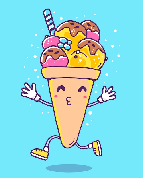 Vector ilustración colorida de helado de personaje con piernas y manos sobre fondo azul
