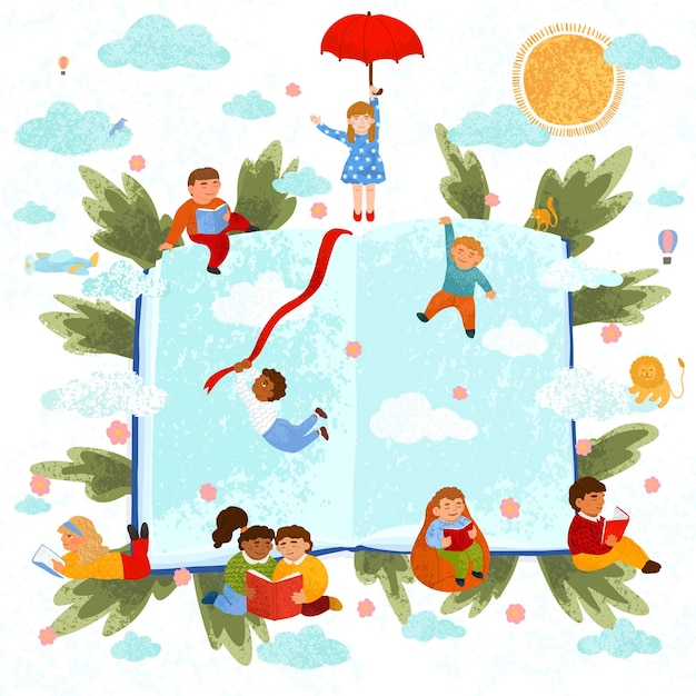 Vector ilustración colorida de niños lindos leer un libro. Educación escolar