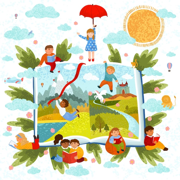 Vector ilustración colorida de niños lindos leer un libro. Leyendo historias. El libro de los cuentos de hadas.