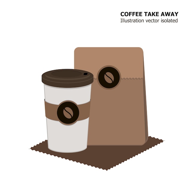 Vector de ilustración de comida para llevar de taza de café con bolsa de papel de bocadillo