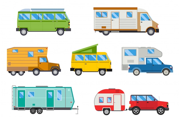 Vector ilustración conjunto de diferentes campistas viajes coche transporte plano.