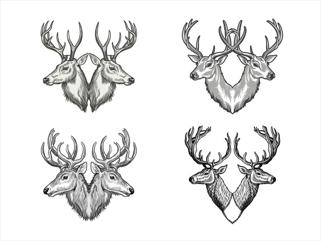 Vector de ilustración del conjunto de iconos de dos cabezas de ciervo