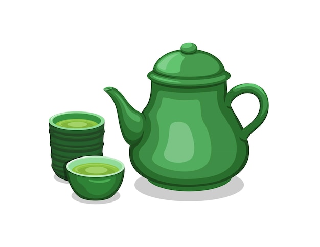 Vector de ilustración de conjunto de objetos de bebida saludable tradicional asiática de té en tetera y taza