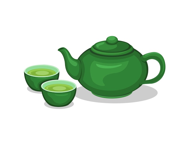 Vector de ilustración de conjunto de objetos de bebida saludable tradicional asiática de té en tetera y taza
