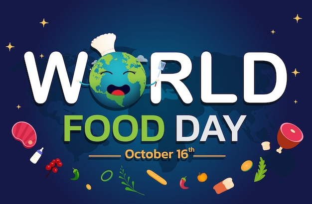 Vector de ilustración del día mundial de la alimentación, fondo colorido de alimentos.