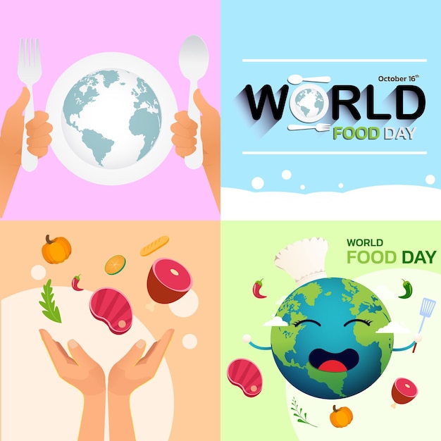 Vector de ilustración del día mundial de la alimentación, fondo colorido de alimentos.