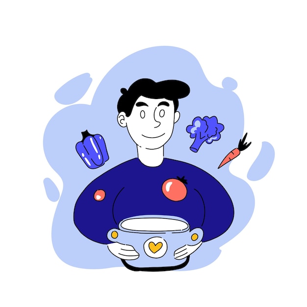 Vector ilustración dibujada del hombre de cocina Olla cacerola sopa estofado verduras cocinar pimiento brócoli zanahoria tomate comida vegetariana cena Concepto de cocina Colores pastel azul y rosa