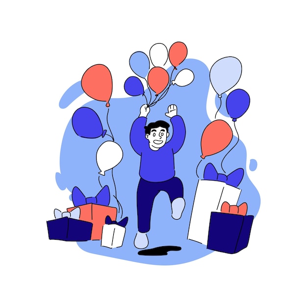 Vector ilustración dibujada de hombre con globos y regalo Celebrar fiesta cumpleaños aniversario ocasión cumpleañero vacaciones regalar invitado Concepto de celebración Colores pastel azul y rosa