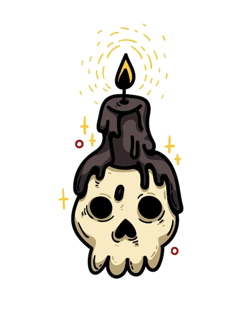 Vector ilustración dibujada a mano Dibujos animados color clipart cráneo candelabro con una vela encendida