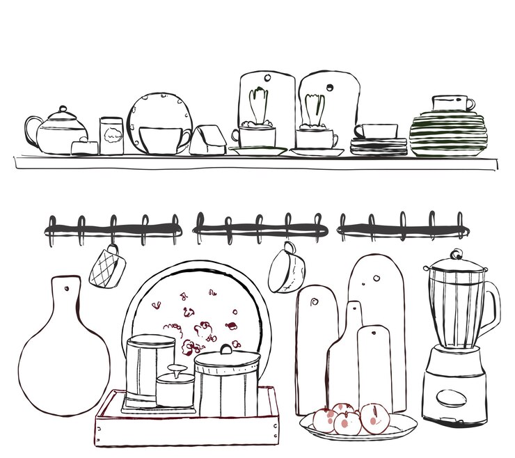 Vector ilustración dibujada a mano de utensilios de cocina