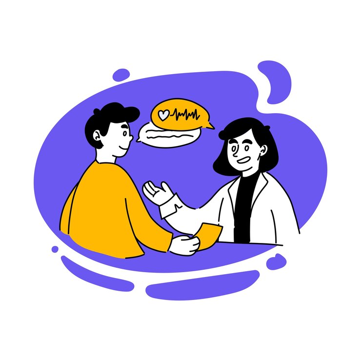 Vector ilustración dibujada de médico con paciente Prescripción cardiología cardiólogo pulso cardíaco tratamiento de cardiograma consulta hospitalaria Concepto de atención médica Estilo de dibujo plano EPS10