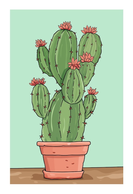 Vector de ilustración dibujado a mano de un cactus en una olla